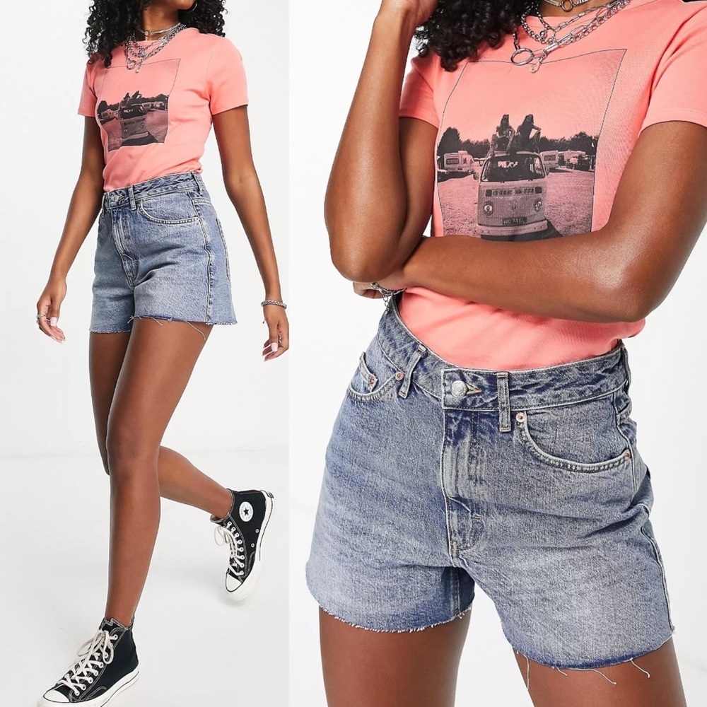 NWT Topshop A-Line Mom Shorts Mid Blue Size 2 High Rise Denim 100%‎ Cotton Boho